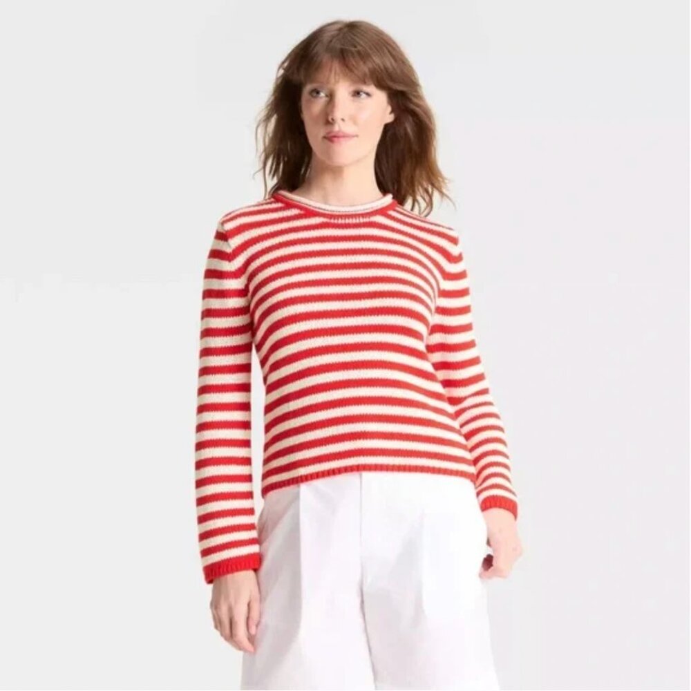 NWT SHRUNKEN CREWNECK PULLOVER SWEATER--RED/WHITE STRIPED--MEDIUM--A NEW DAY
